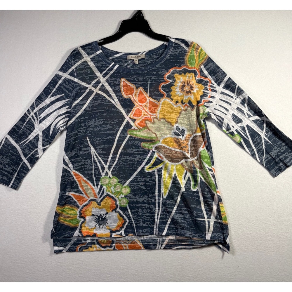Jess & Jane Floral Burnout Top Womens Medium Blue Excellent 3/4 Sleeve Graphic